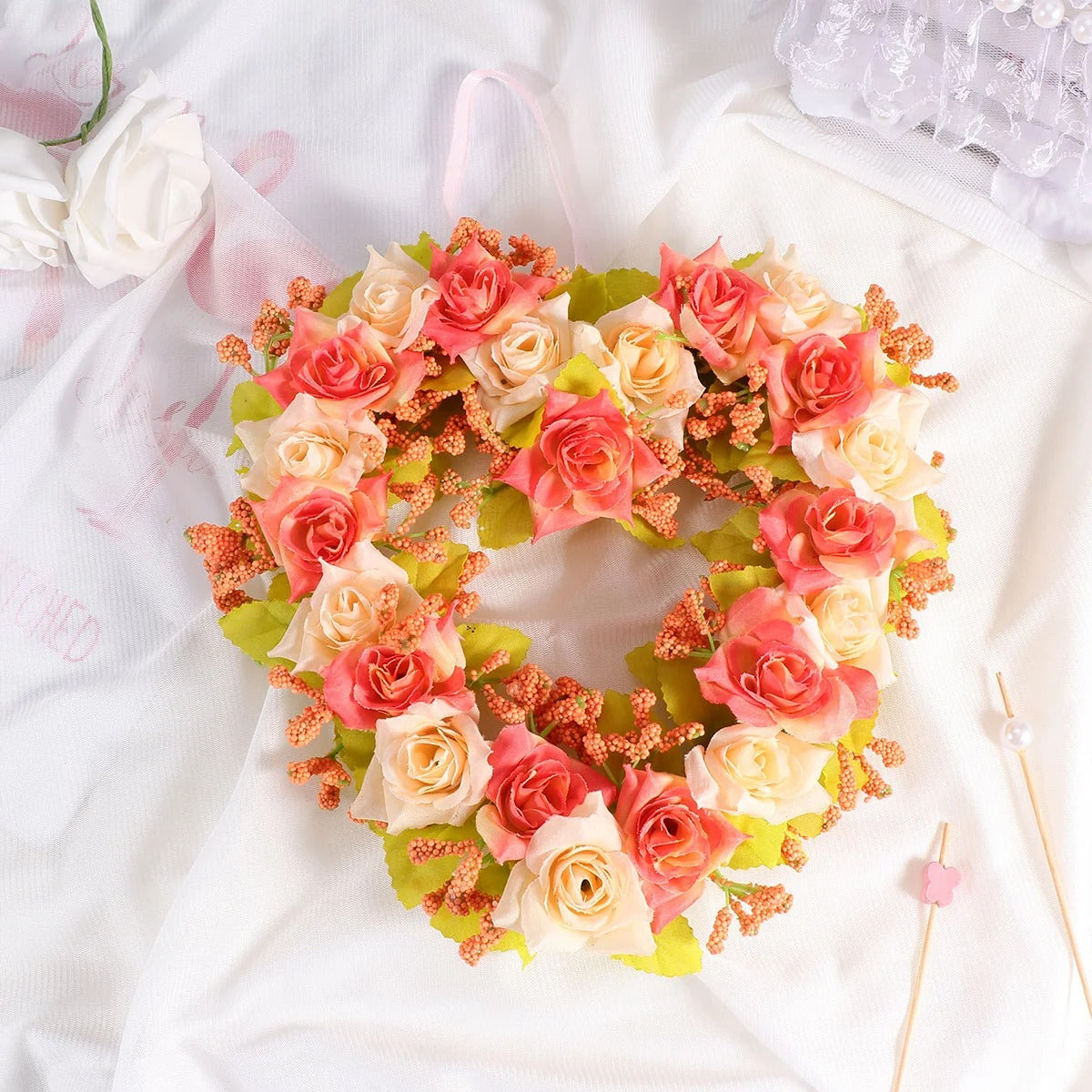Cœur en Fleurs Artificielles pour Cimetière fond