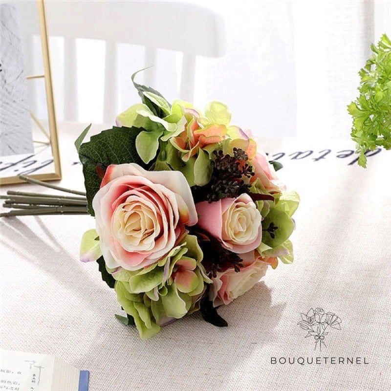 Bouquet de Mariée Artificiel Pas Cher Roses & Vertes