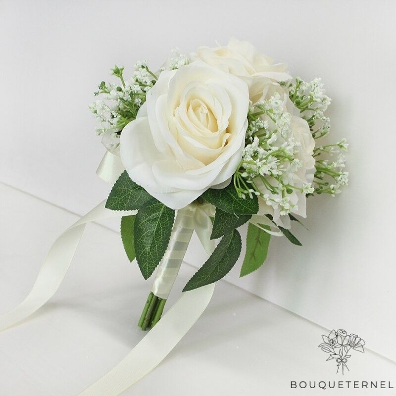Bouquet de Mariée Pivoines et Gypsophiles Artificielles Blanches & Blanches