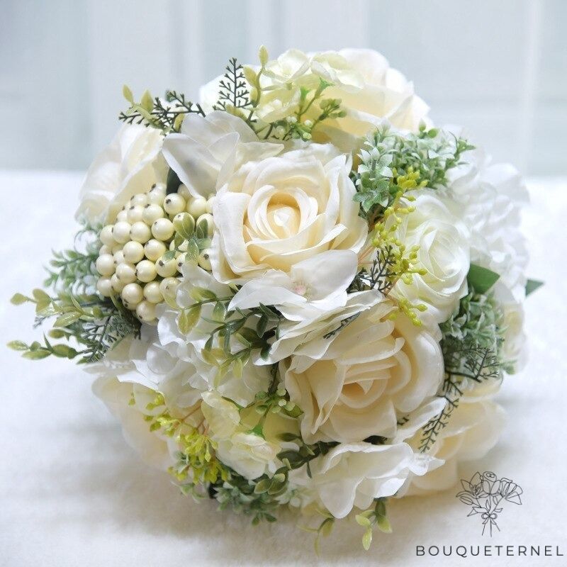 Bouquet de Mariée Pivoines et Roses Artificielles Blanches
