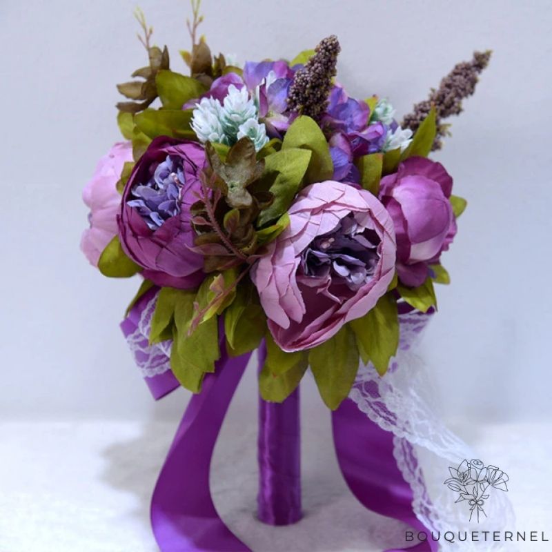 Bouquet de Mariée Pivoines Champêtre Violettes
