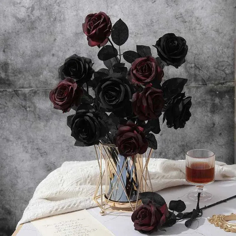fleur-artificielle-rose-noir-fleur-artificielle-rose-artificielle-bouqueternel rouge et noir vase