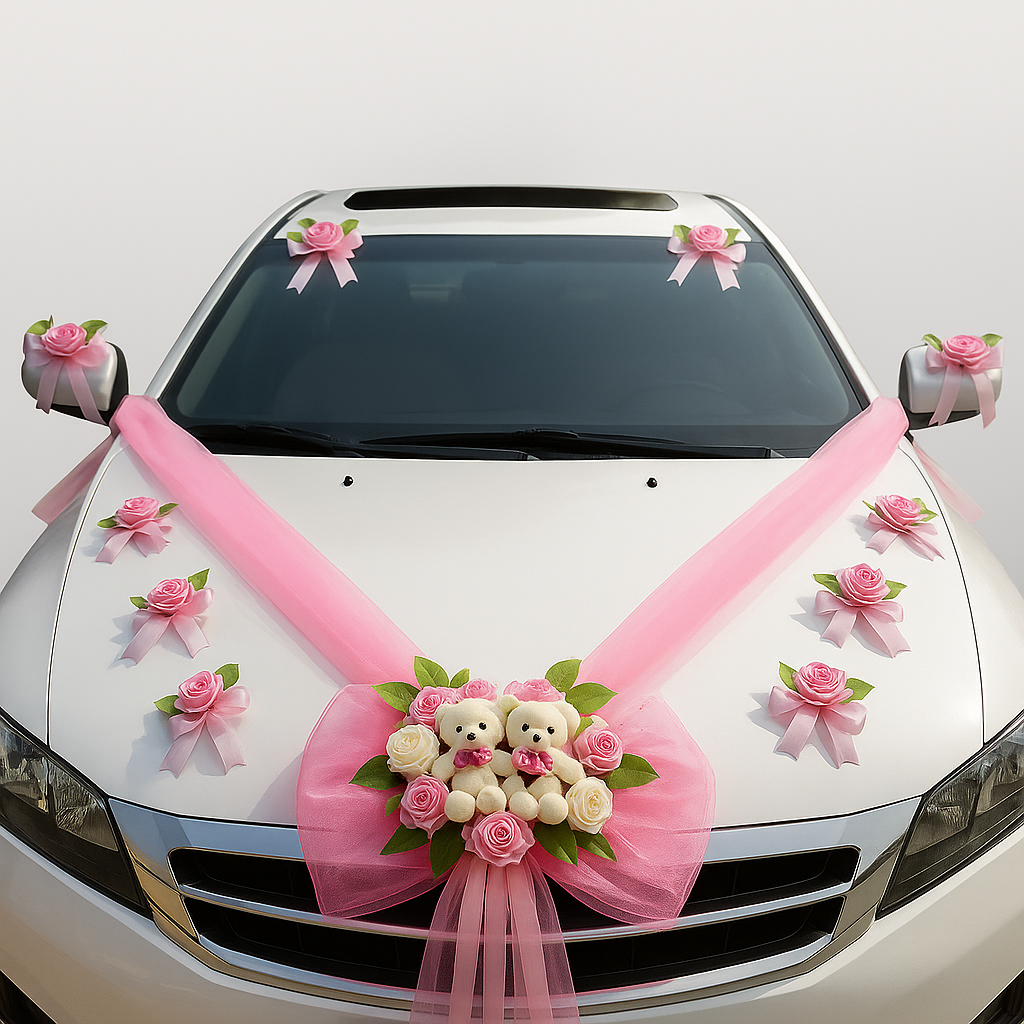 Kit avec Couronne de Fleurs pour Voiture de Mariage rose
