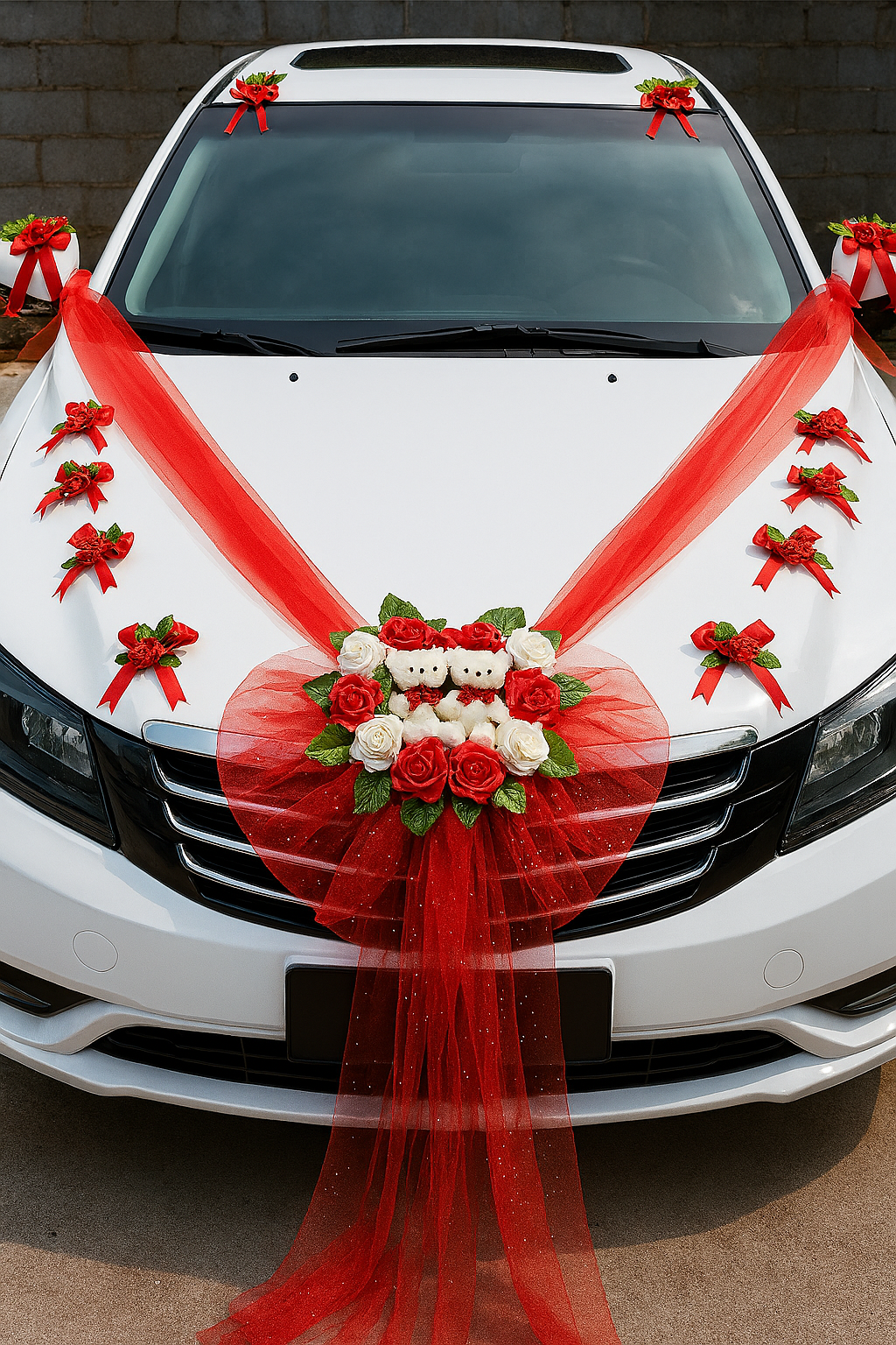 Kit avec Couronne de Fleurs pour Voiture de Mariage Rouge