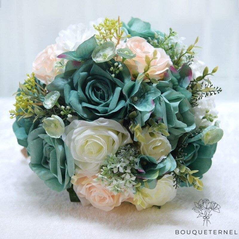 Bouquet de Mariée Pivoines et Roses Artificielles Bleues