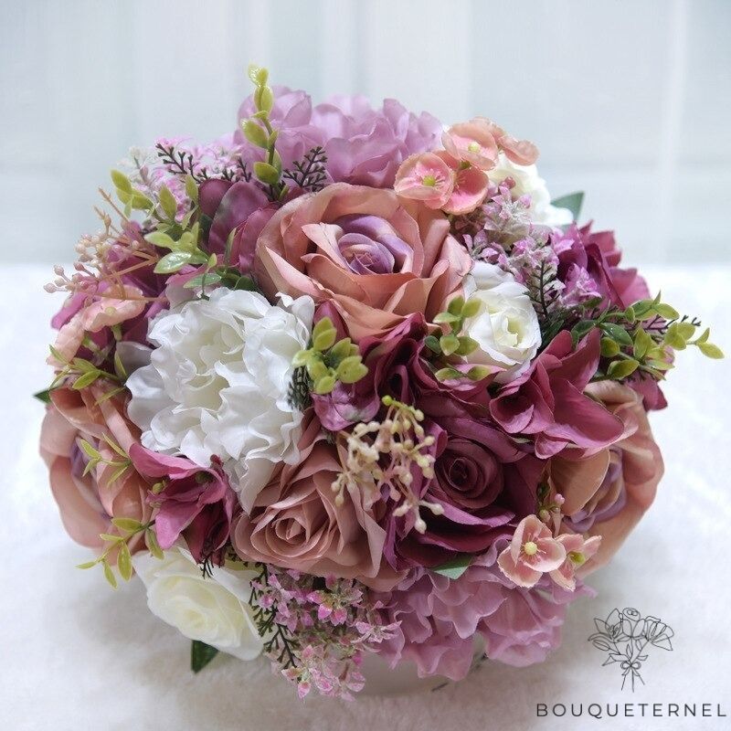 Bouquet de Mariée Pivoines et Roses Artificielles Violettes