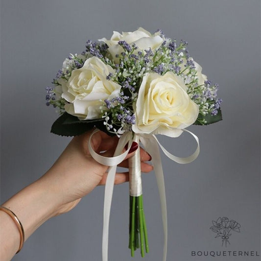 Bouquet de Mariée Pivoines et Gypsophiles Artificielles Blanches Crèmes & Violettes