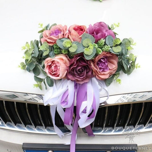 Gerbe de Fleurs pour Voiture de Mariage Violettes et Roses Pâles